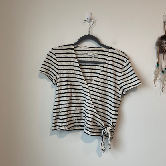 Madewell Texture & Thread White & Black Striped Short Sleeve Blouse - Picture 1 of 6